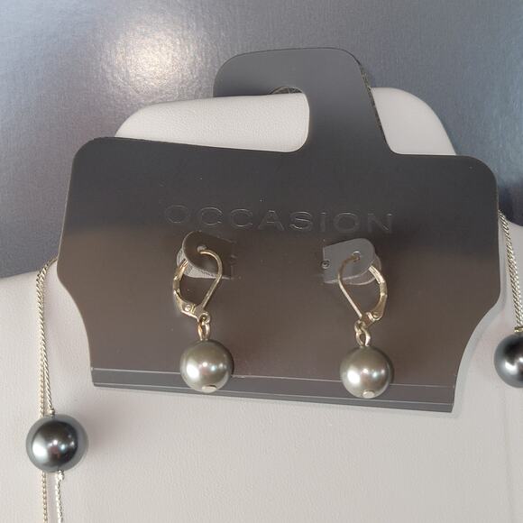 Silver-Tone 36" Multi-Strand Gray Faux Pearl Layered Necklace, Drop Earrings Set - Picture 2 of 14